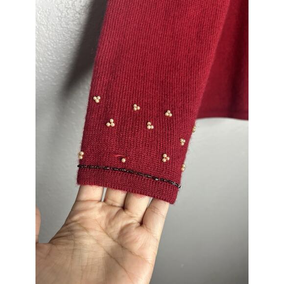 Susan Bristol Vintage 90s Red Wool Christmas Sweater Embroidered Beaded Medium - Picture 11 of 12